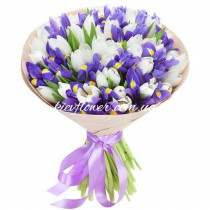 Bouquet of irises and white tulips